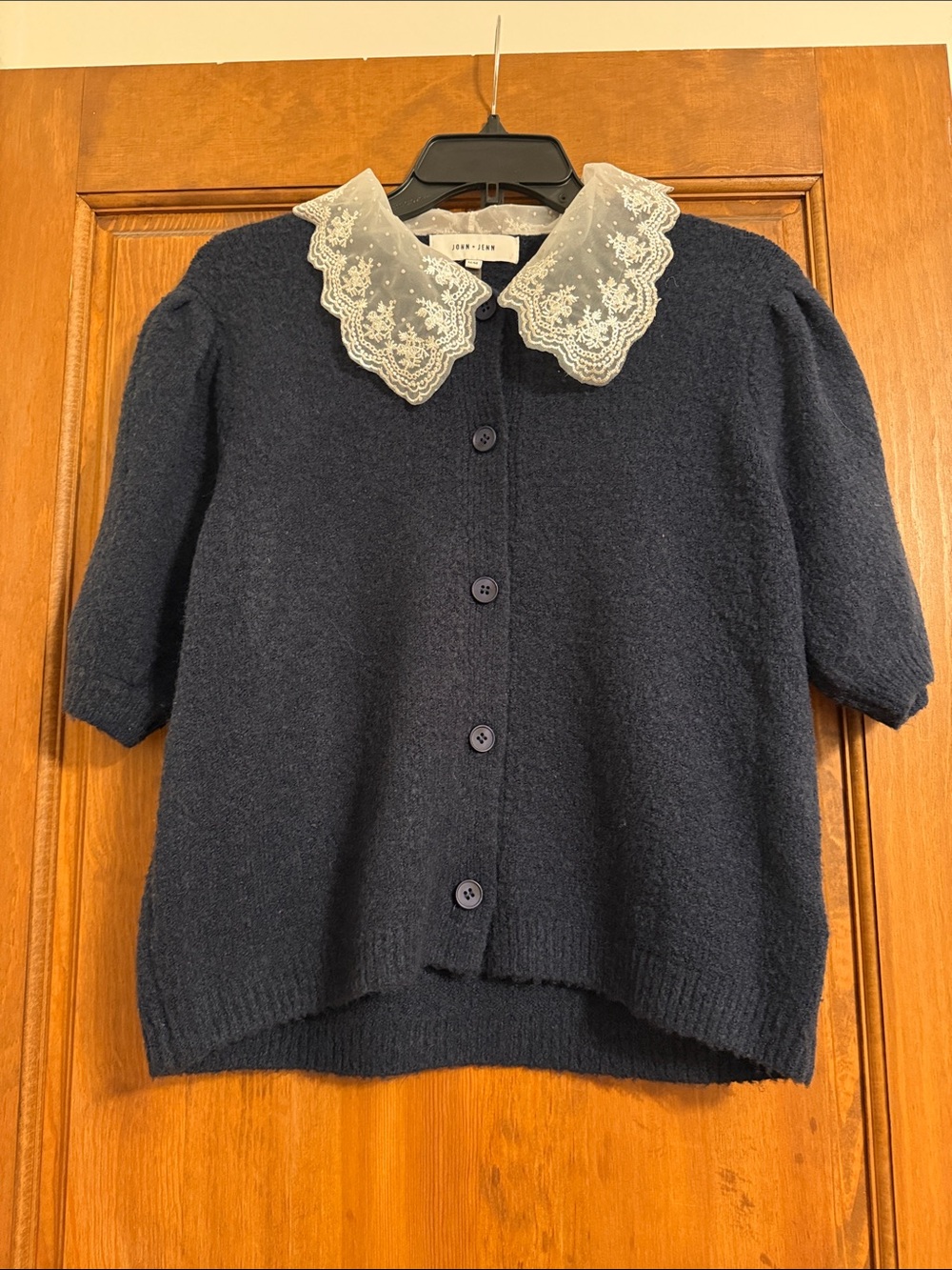 John + Jenn Navy Short-Sleeve Button Cardigan with Lace Collar